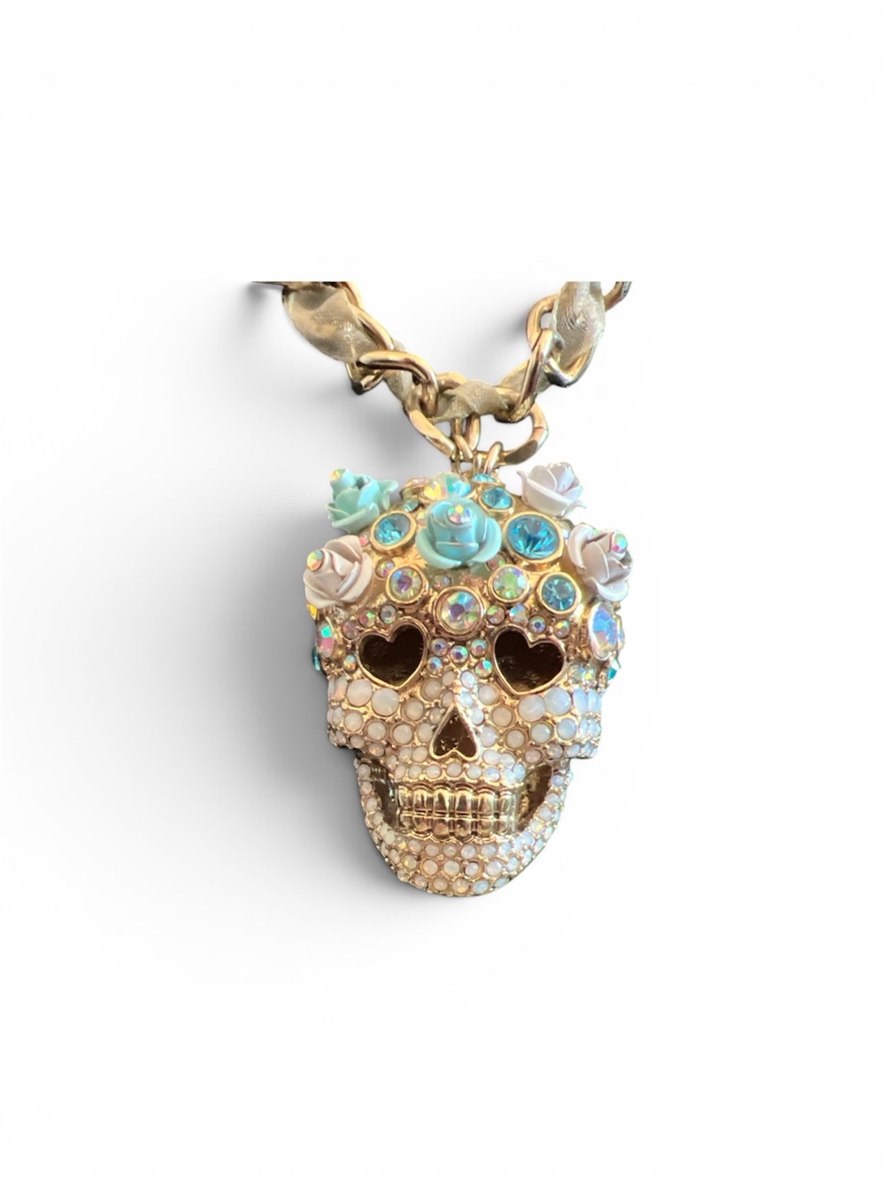 Gold Skull Pendant Necklace with Multicolor Crystal Flowers-that grill!!